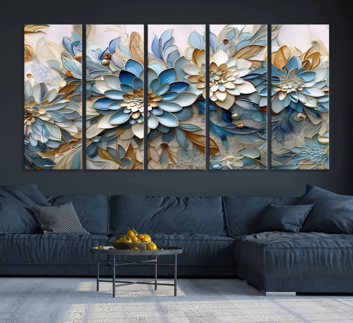 The Blu Abstract Flower Wall Art Canvas Print is a stunning triptych featuring blue and beige floral designs crafted on museum-quality canvas with high-resolution printing. This professionally hand-assembled masterpiece captures attention with its elegant artistry.