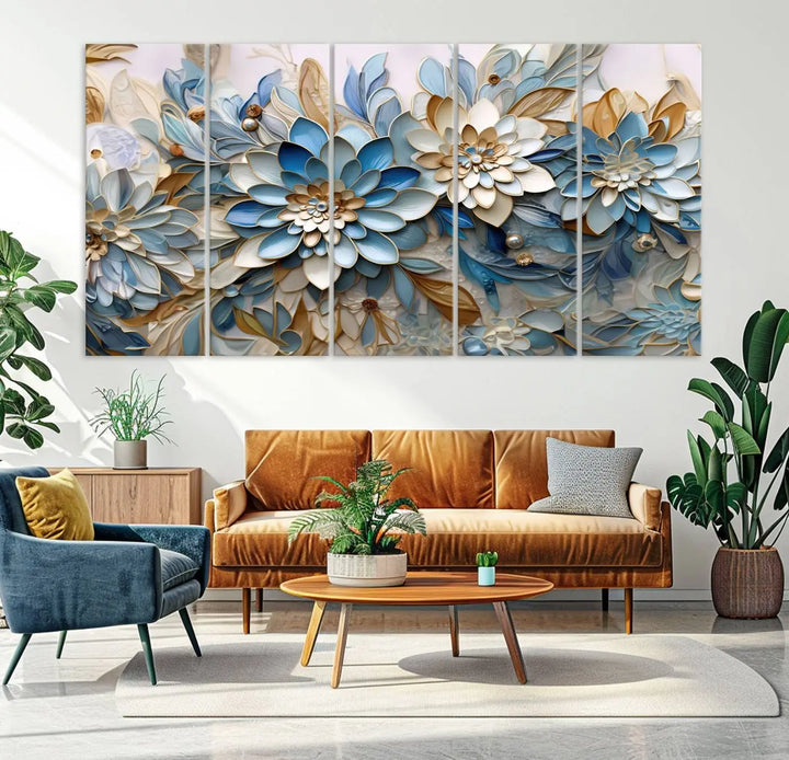 The Blu Abstract Flower Wall Art Canvas Print is a stunning triptych featuring blue and beige floral designs crafted on museum-quality canvas with high-resolution printing. This professionally hand-assembled masterpiece captures attention with its elegant artistry.