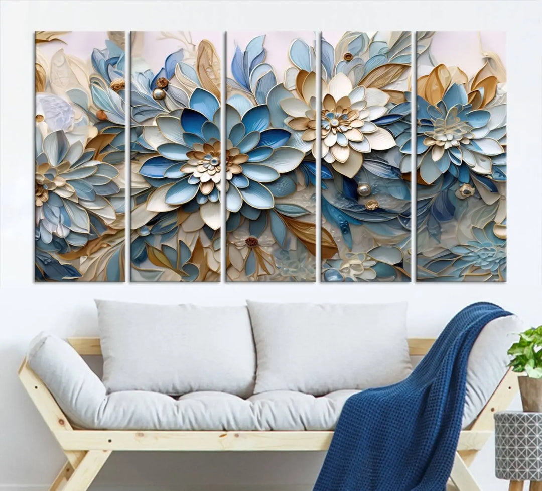 The Blu Abstract Flower Wall Art Canvas Print is a stunning triptych featuring blue and beige floral designs crafted on museum-quality canvas with high-resolution printing. This professionally hand-assembled masterpiece captures attention with its elegant artistry.