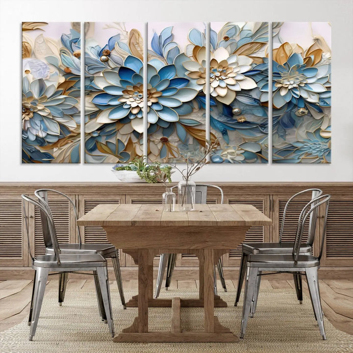 The Blu Abstract Flower Wall Art Canvas Print is a stunning triptych featuring blue and beige floral designs crafted on museum-quality canvas with high-resolution printing. This professionally hand-assembled masterpiece captures attention with its elegant artistry.