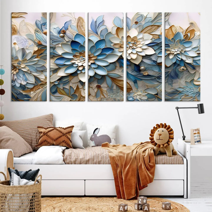 The Blu Abstract Flower Wall Art Canvas Print is a stunning triptych featuring blue and beige floral designs crafted on museum-quality canvas with high-resolution printing. This professionally hand-assembled masterpiece captures attention with its elegant artistry.