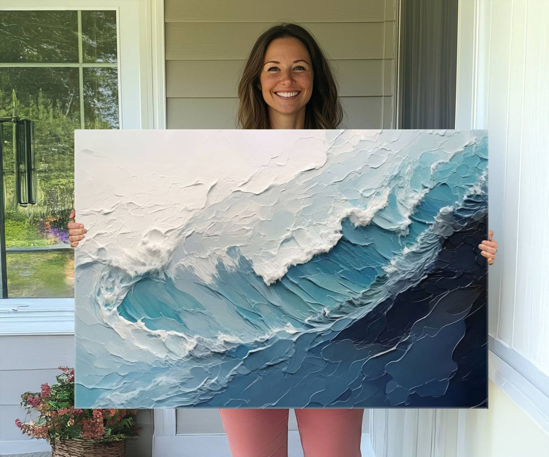 Blue Abstract Wave Ocean Wall Art Canvas Print, Modern Coastal Seascape