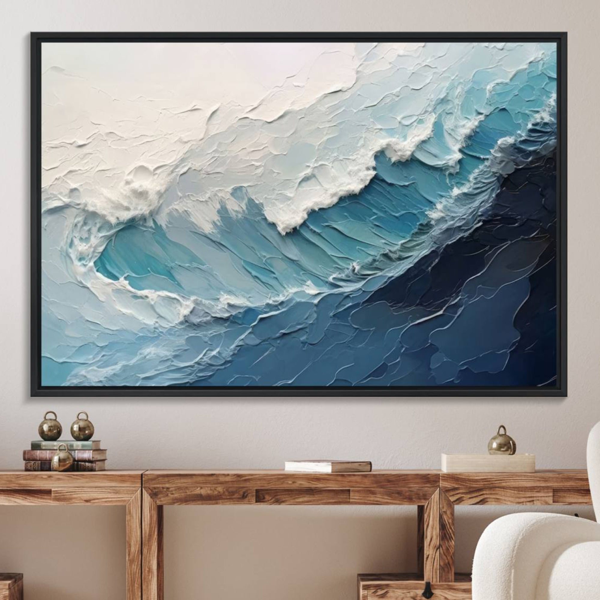 23887-MGV-FC-36X24_Black-Blue Abstract Wave Ocean Wall Art Canvas Print – Modern Coastal Seascape Nature Artwork for Home, Office, Living Room