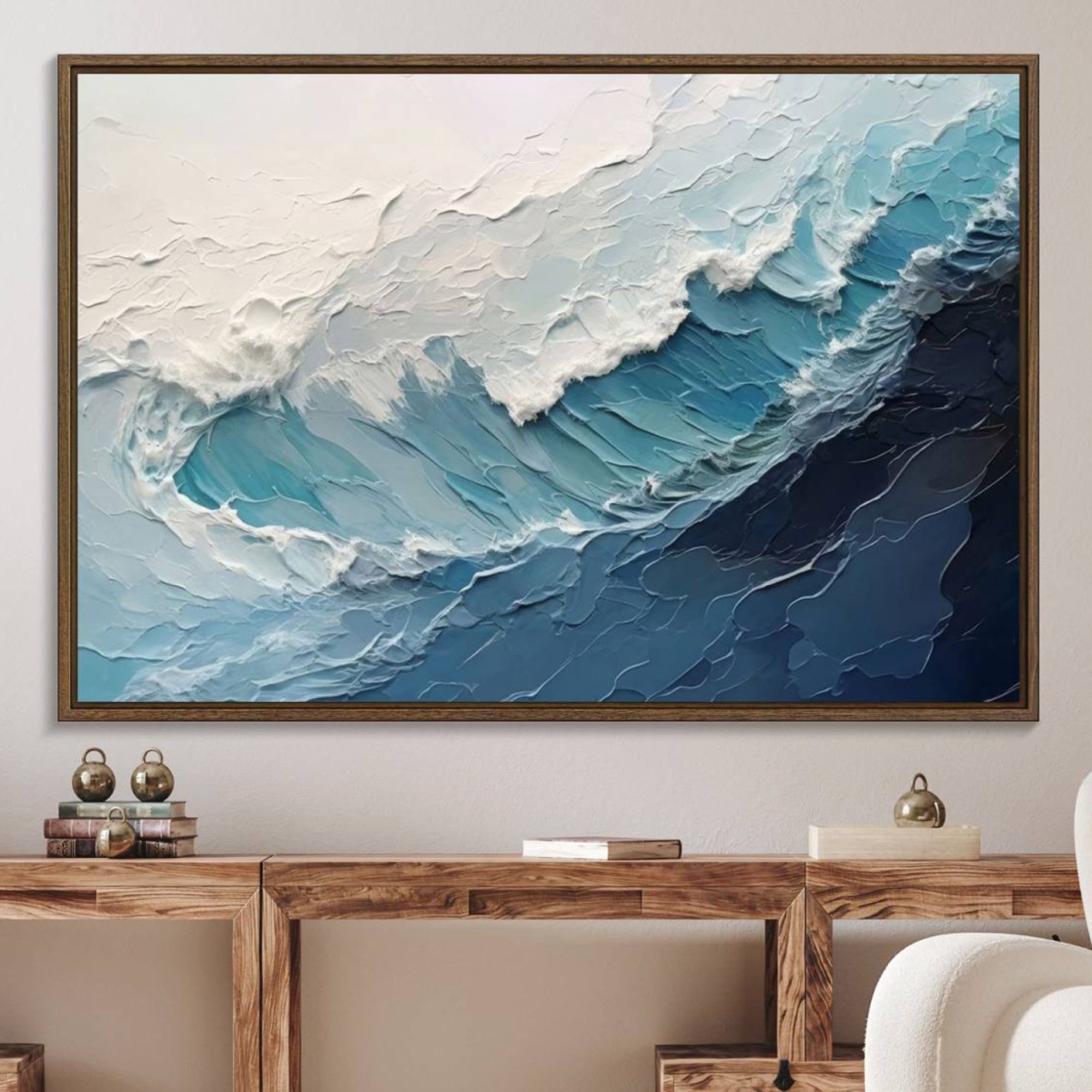 23887-MGV-FC-36X24_Walnut-Blue Abstract Wave Ocean Wall Art Canvas Print – Modern Coastal Seascape Nature Artwork for Home, Office, Living Room