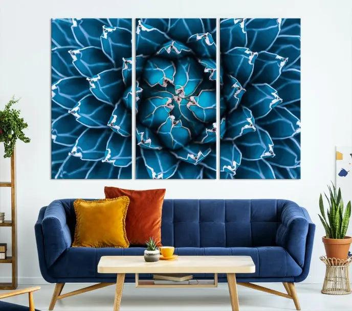 The living room features a large abstract Blue Agave Flower Wall Art Canvas Print Success crafted on museum-quality canvases.