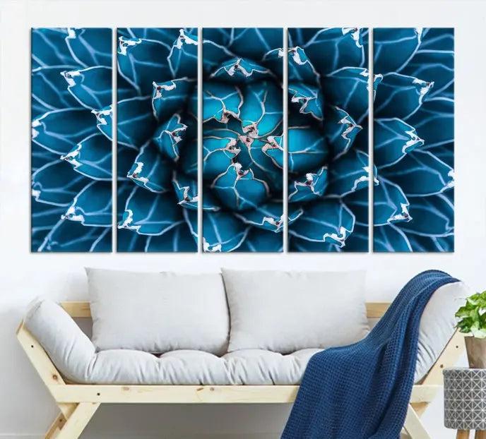 The living room features a large abstract Blue Agave Flower Wall Art Canvas Print Success crafted on museum-quality canvases.