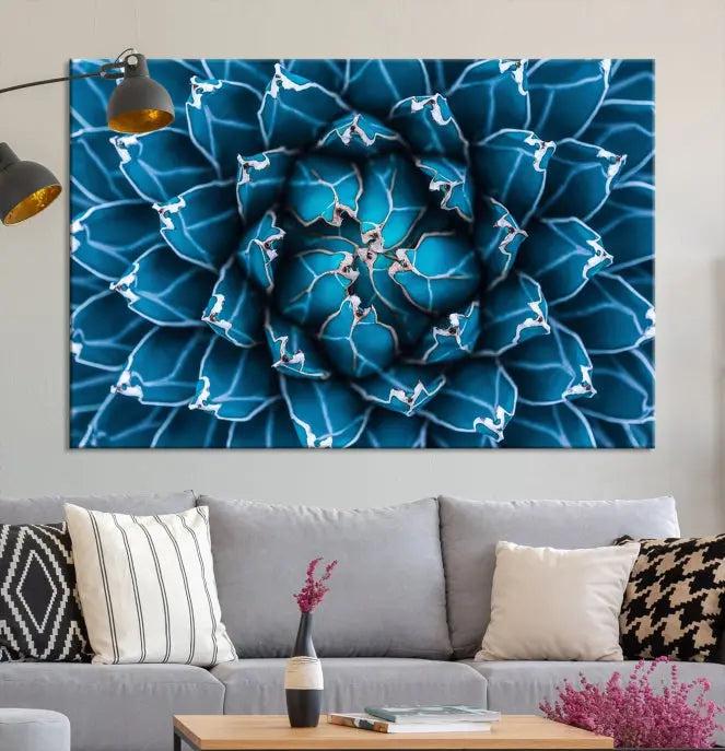 The living room features a large abstract Blue Agave Flower Wall Art Canvas Print Success crafted on museum-quality canvases.