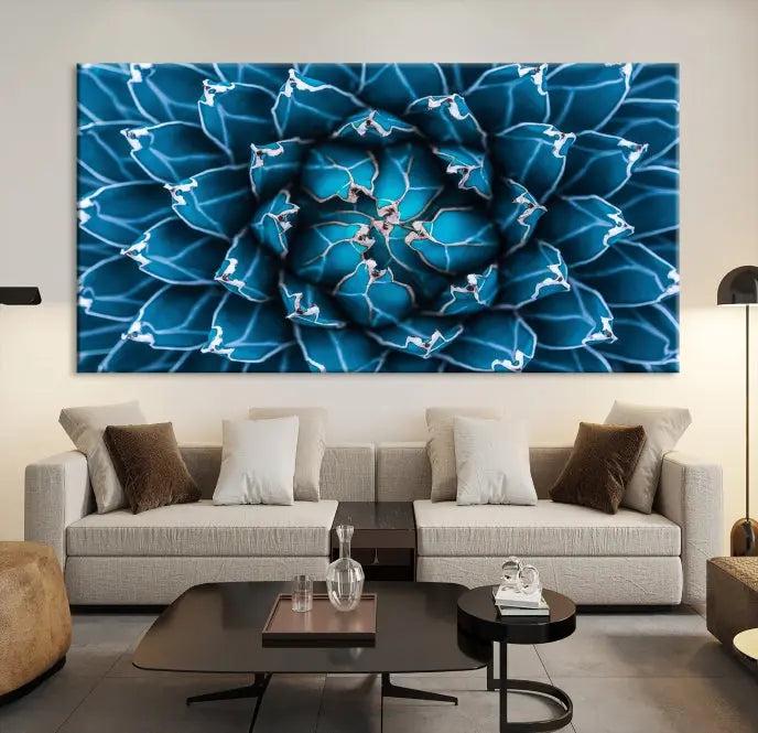 The living room features a large abstract Blue Agave Flower Wall Art Canvas Print Success crafted on museum-quality canvases.