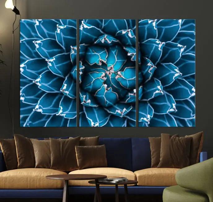 The living room features a large abstract Blue Agave Flower Wall Art Canvas Print Success crafted on museum-quality canvases.