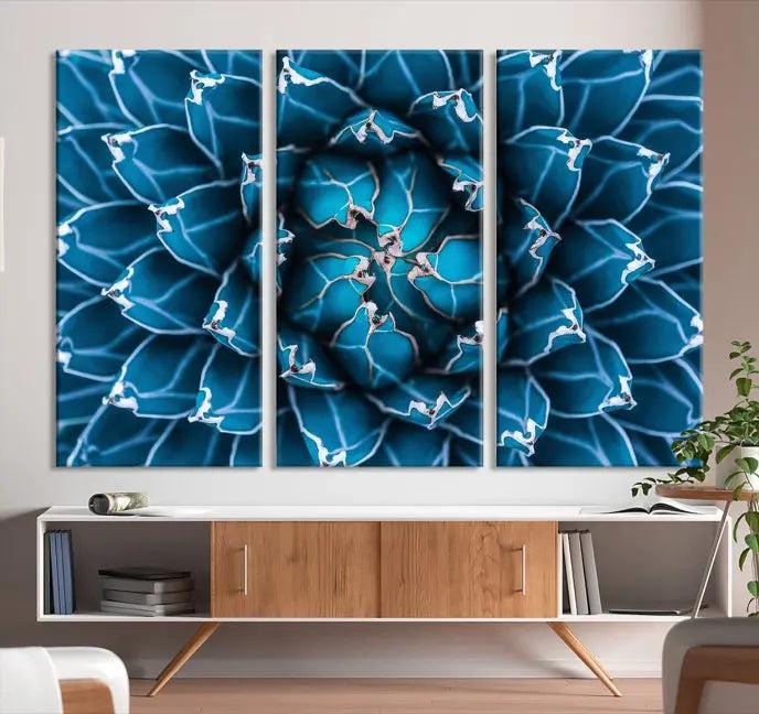 The living room features a large abstract Blue Agave Flower Wall Art Canvas Print Success crafted on museum-quality canvases.