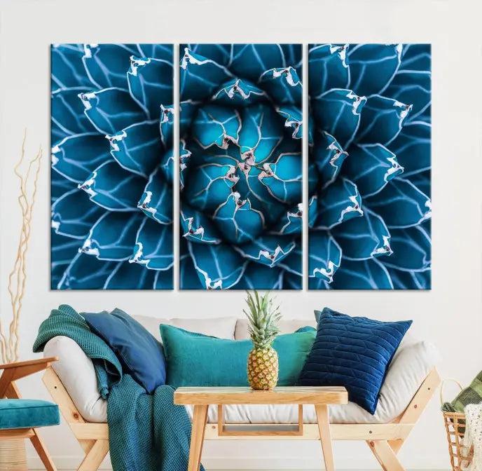 The living room features a large abstract Blue Agave Flower Wall Art Canvas Print Success crafted on museum-quality canvases.