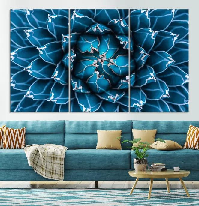 The living room features a large abstract Blue Agave Flower Wall Art Canvas Print Success crafted on museum-quality canvases.