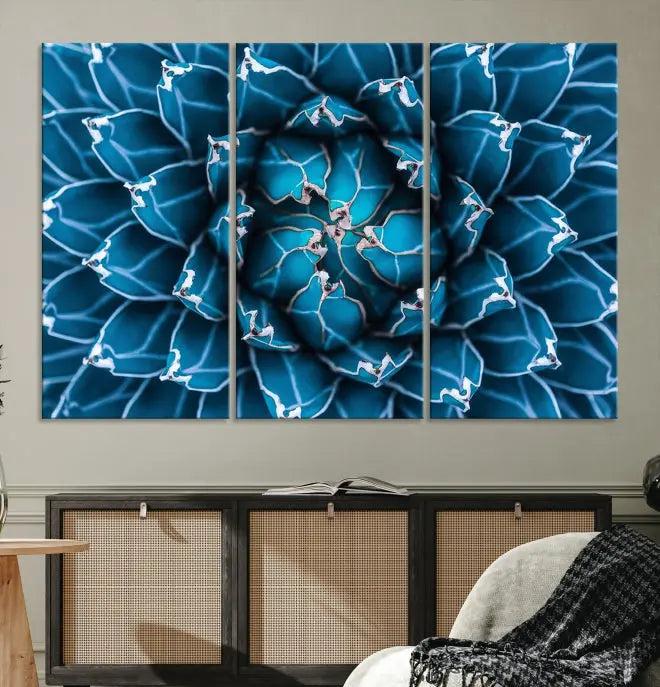 The living room features a large abstract Blue Agave Flower Wall Art Canvas Print Success crafted on museum-quality canvases.