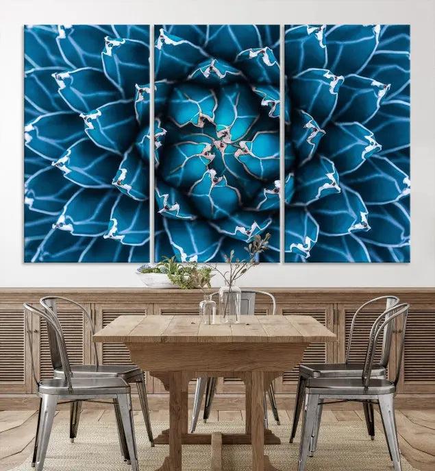 The living room features a large abstract Blue Agave Flower Wall Art Canvas Print Success crafted on museum-quality canvases.