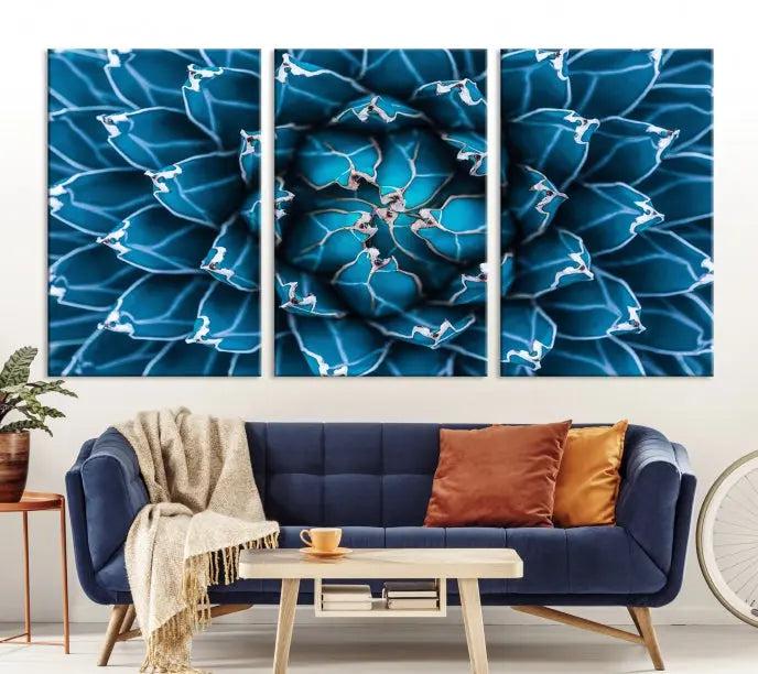 The living room features a large abstract Blue Agave Flower Wall Art Canvas Print Success crafted on museum-quality canvases.