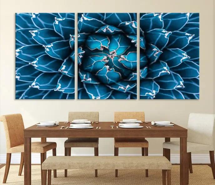 The living room features a large abstract Blue Agave Flower Wall Art Canvas Print Success crafted on museum-quality canvases.