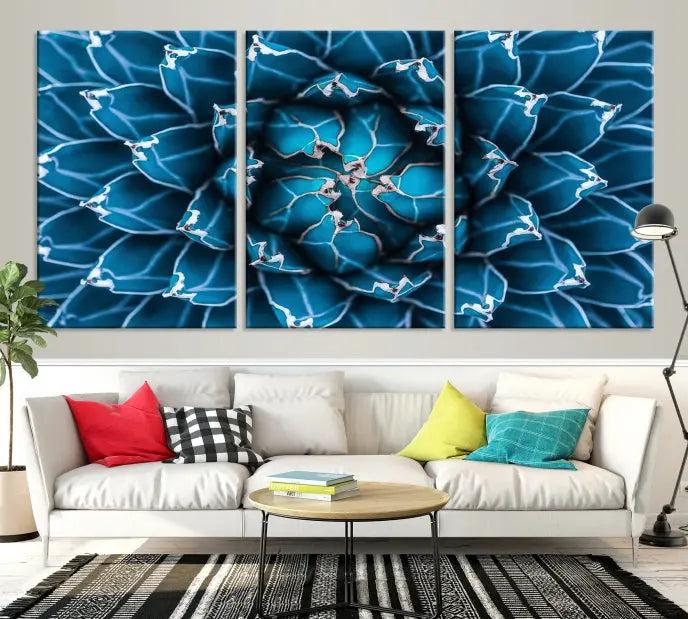 The living room features a large abstract Blue Agave Flower Wall Art Canvas Print Success crafted on museum-quality canvases.