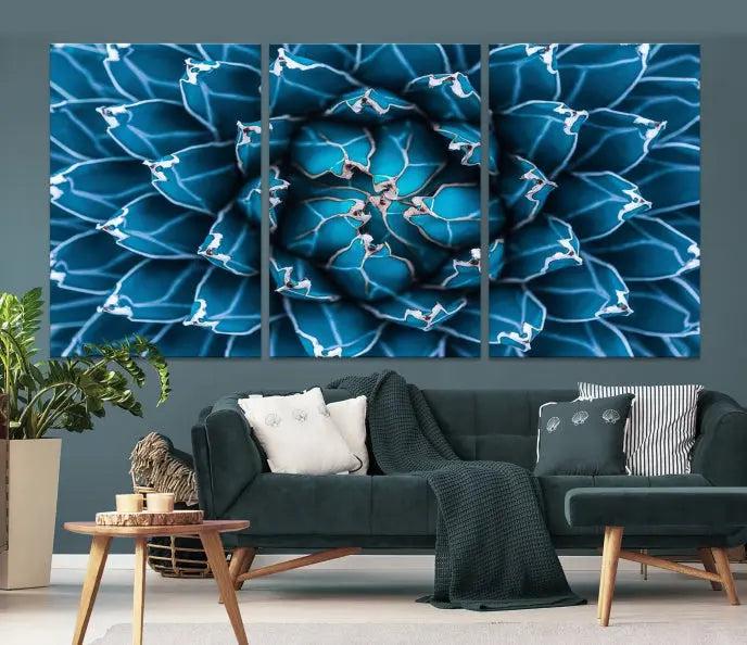 The living room features a large abstract Blue Agave Flower Wall Art Canvas Print Success crafted on museum-quality canvases.