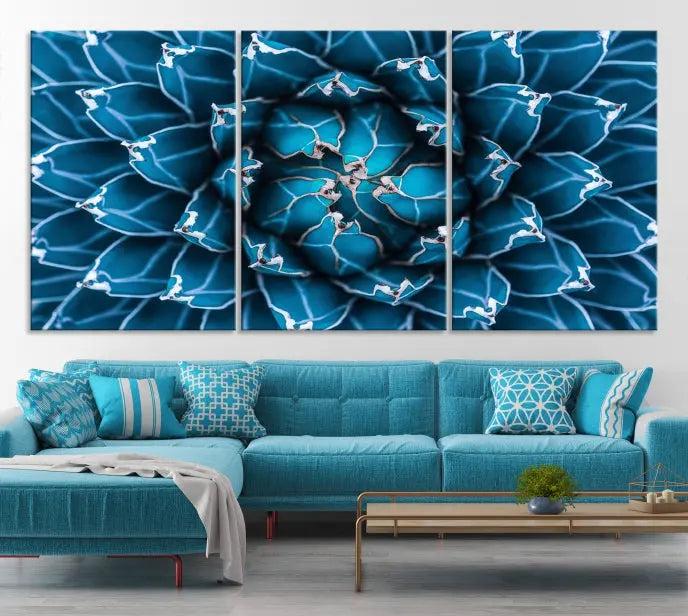 The living room features a large abstract Blue Agave Flower Wall Art Canvas Print Success crafted on museum-quality canvases.