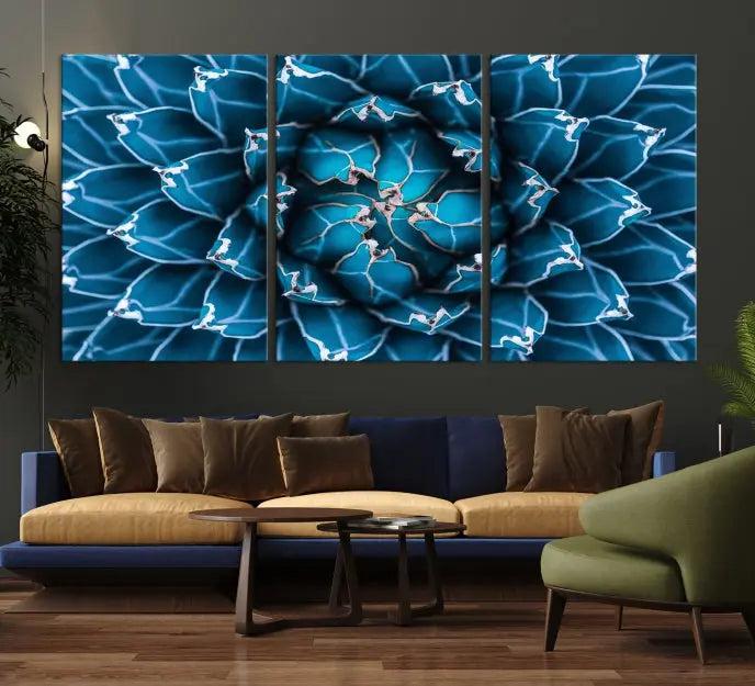 The living room features a large abstract Blue Agave Flower Wall Art Canvas Print Success crafted on museum-quality canvases.