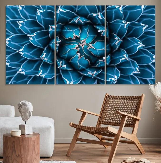 The living room features a large abstract Blue Agave Flower Wall Art Canvas Print Success crafted on museum-quality canvases.