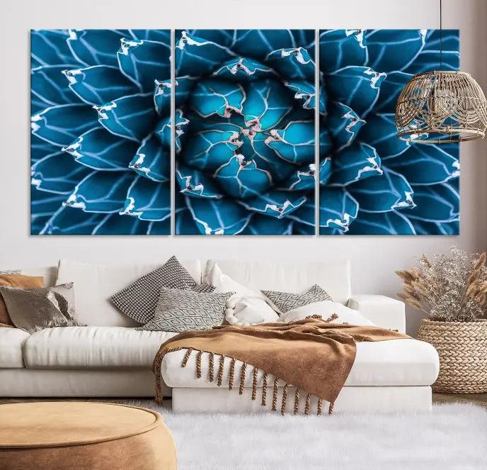 The living room features a large abstract Blue Agave Flower Wall Art Canvas Print Success crafted on museum-quality canvases.