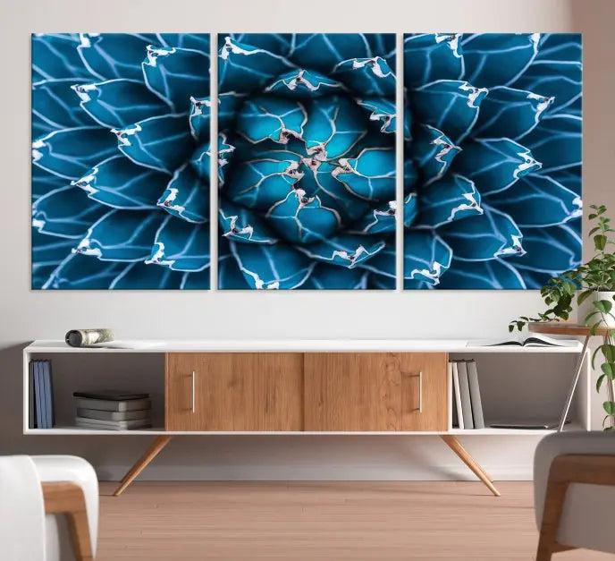 The living room features a large abstract Blue Agave Flower Wall Art Canvas Print Success crafted on museum-quality canvases.