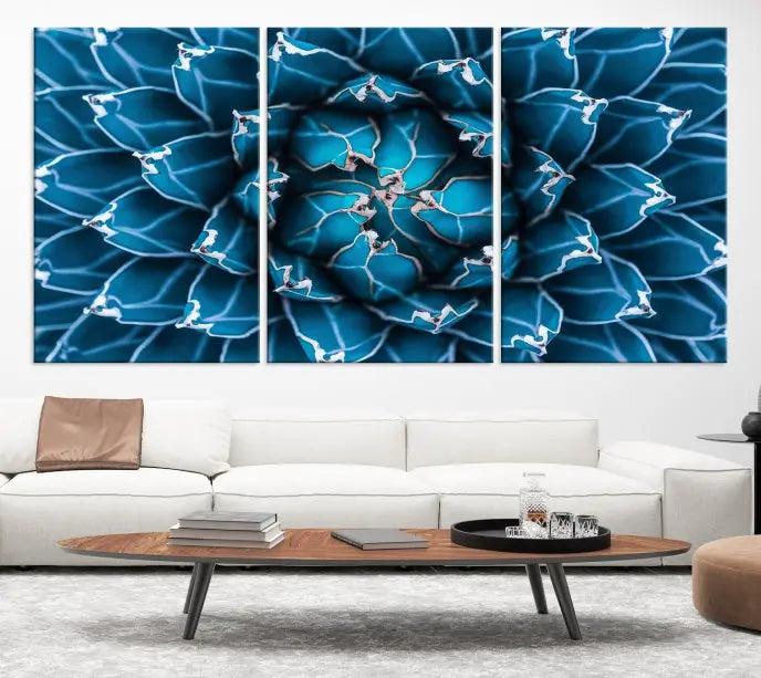 The living room features a large abstract Blue Agave Flower Wall Art Canvas Print Success crafted on museum-quality canvases.