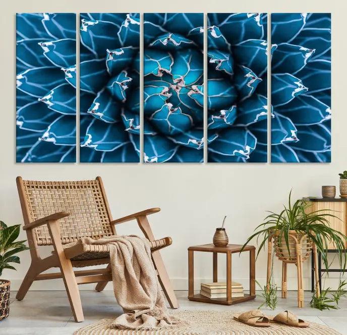 The living room features a large abstract Blue Agave Flower Wall Art Canvas Print Success crafted on museum-quality canvases.