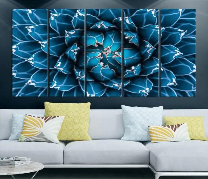 The living room features a large abstract Blue Agave Flower Wall Art Canvas Print Success crafted on museum-quality canvases.