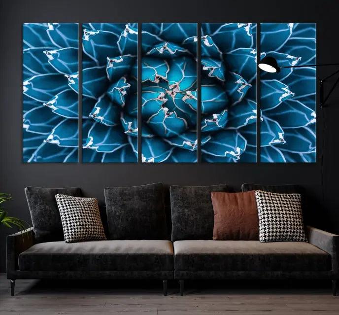 The living room features a large abstract Blue Agave Flower Wall Art Canvas Print Success crafted on museum-quality canvases.