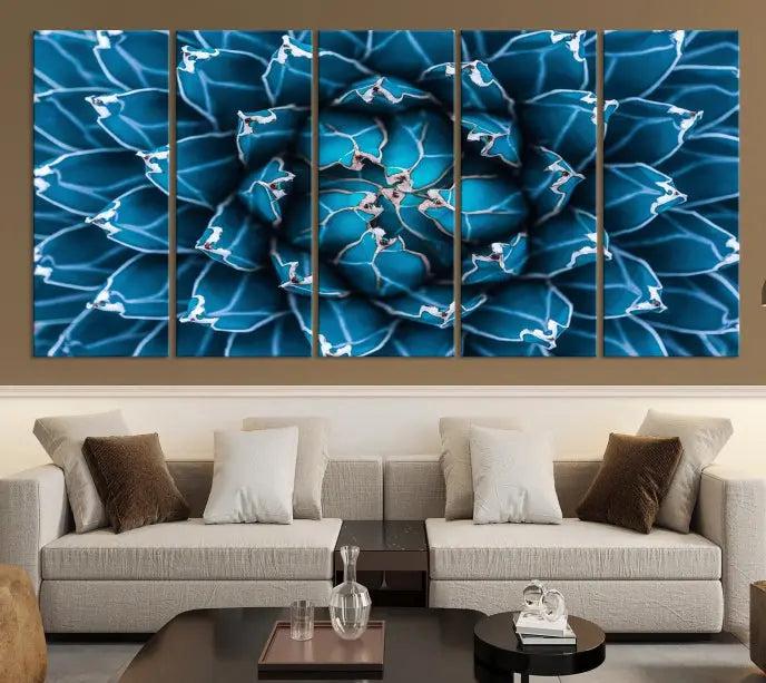 The living room features a large abstract Blue Agave Flower Wall Art Canvas Print Success crafted on museum-quality canvases.