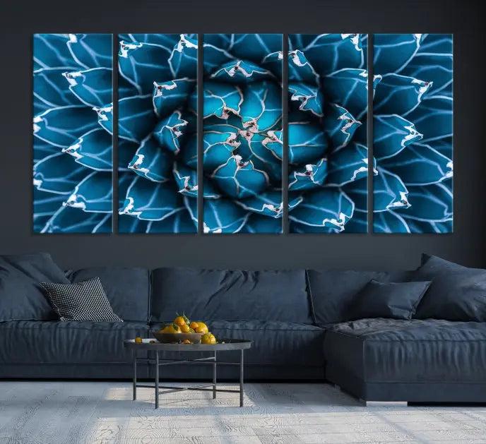 The living room features a large abstract Blue Agave Flower Wall Art Canvas Print Success crafted on museum-quality canvases.