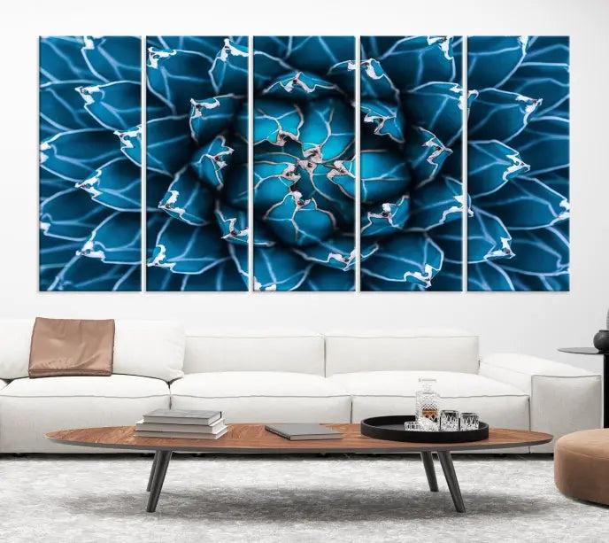 The living room features a large abstract Blue Agave Flower Wall Art Canvas Print Success crafted on museum-quality canvases.