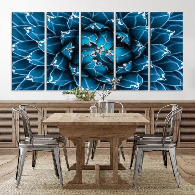 The living room features a large abstract Blue Agave Flower Wall Art Canvas Print Success crafted on museum-quality canvases.