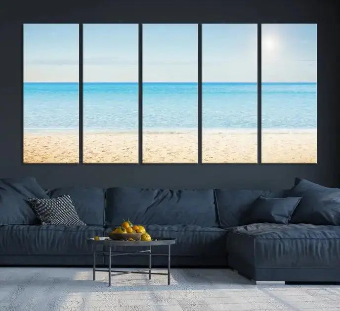 The Blue Beach and Sea Wall Art Canvas Print, arranged in a three-panel beach scene, elegantly decorates a black wall. Transform your space into a coastal oasis with this stunning piece, and enjoy free shipping on your purchase.