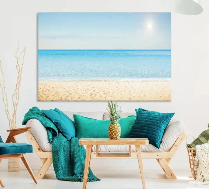 The Blue Beach and Sea Wall Art Canvas Print, arranged in a three-panel beach scene, elegantly decorates a black wall. Transform your space into a coastal oasis with this stunning piece, and enjoy free shipping on your purchase.