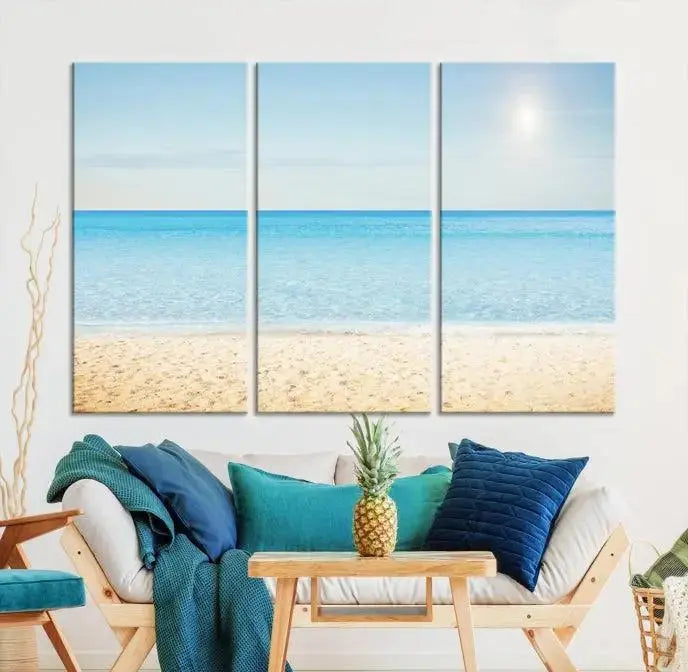 The Blue Beach and Sea Wall Art Canvas Print, arranged in a three-panel beach scene, elegantly decorates a black wall. Transform your space into a coastal oasis with this stunning piece, and enjoy free shipping on your purchase.