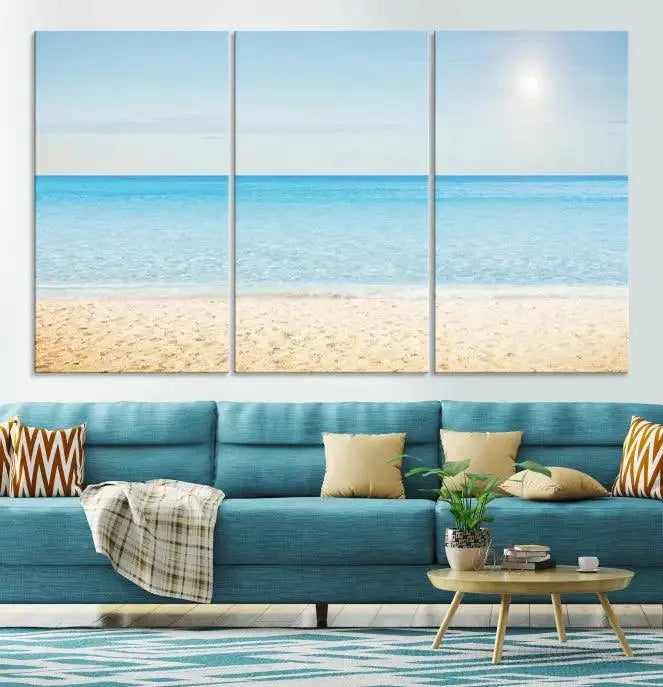 The Blue Beach and Sea Wall Art Canvas Print, arranged in a three-panel beach scene, elegantly decorates a black wall. Transform your space into a coastal oasis with this stunning piece, and enjoy free shipping on your purchase.