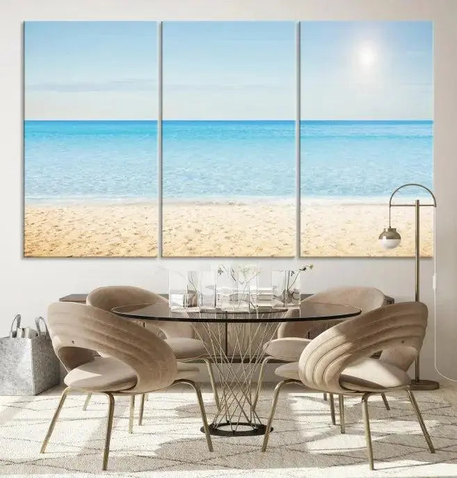 The Blue Beach and Sea Wall Art Canvas Print, arranged in a three-panel beach scene, elegantly decorates a black wall. Transform your space into a coastal oasis with this stunning piece, and enjoy free shipping on your purchase.