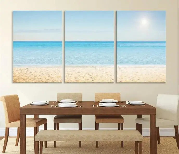 The Blue Beach and Sea Wall Art Canvas Print, arranged in a three-panel beach scene, elegantly decorates a black wall. Transform your space into a coastal oasis with this stunning piece, and enjoy free shipping on your purchase.