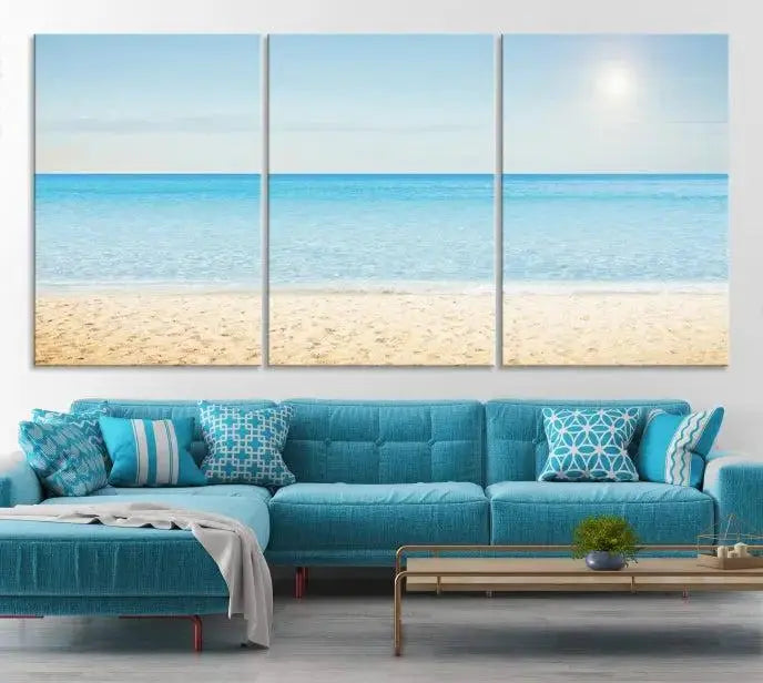 The Blue Beach and Sea Wall Art Canvas Print, arranged in a three-panel beach scene, elegantly decorates a black wall. Transform your space into a coastal oasis with this stunning piece, and enjoy free shipping on your purchase.