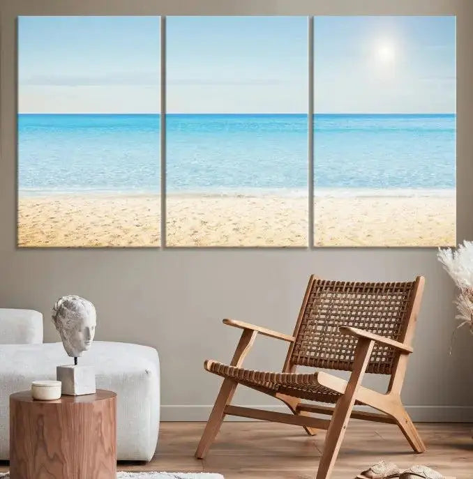 The Blue Beach and Sea Wall Art Canvas Print, arranged in a three-panel beach scene, elegantly decorates a black wall. Transform your space into a coastal oasis with this stunning piece, and enjoy free shipping on your purchase.