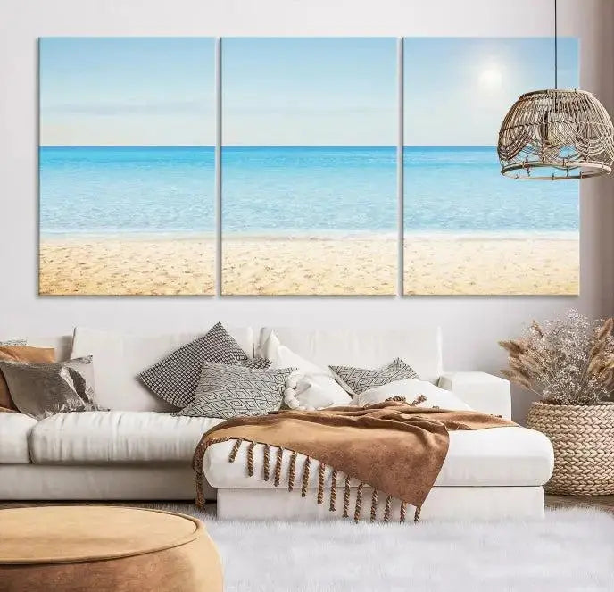 The Blue Beach and Sea Wall Art Canvas Print, arranged in a three-panel beach scene, elegantly decorates a black wall. Transform your space into a coastal oasis with this stunning piece, and enjoy free shipping on your purchase.