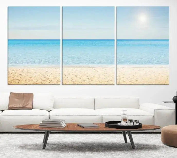 The Blue Beach and Sea Wall Art Canvas Print, arranged in a three-panel beach scene, elegantly decorates a black wall. Transform your space into a coastal oasis with this stunning piece, and enjoy free shipping on your purchase.