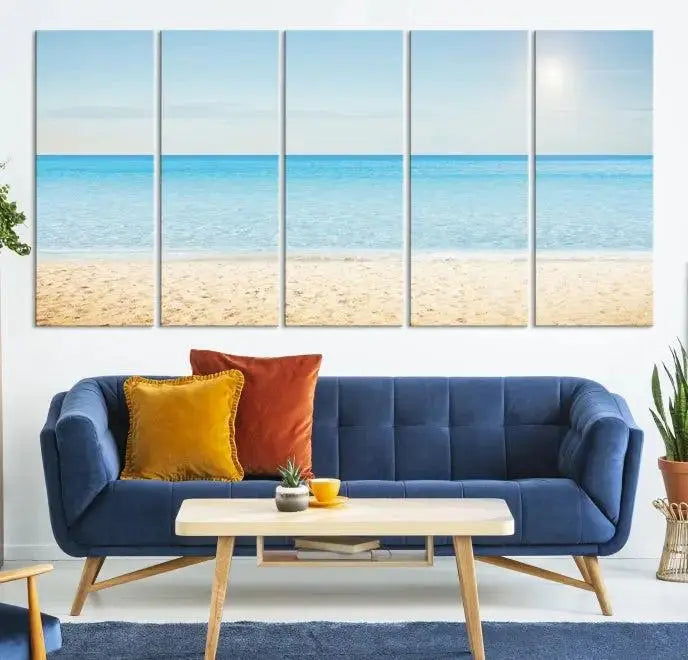 The Blue Beach and Sea Wall Art Canvas Print, arranged in a three-panel beach scene, elegantly decorates a black wall. Transform your space into a coastal oasis with this stunning piece, and enjoy free shipping on your purchase.