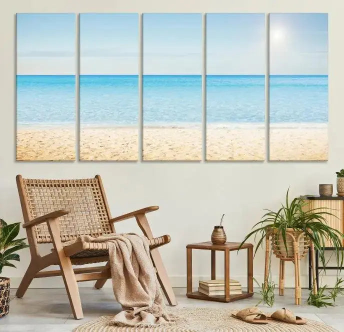 The Blue Beach and Sea Wall Art Canvas Print, arranged in a three-panel beach scene, elegantly decorates a black wall. Transform your space into a coastal oasis with this stunning piece, and enjoy free shipping on your purchase.