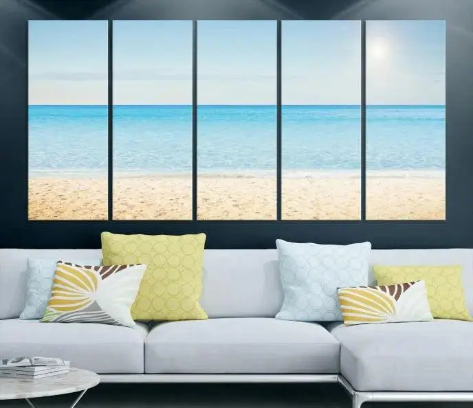 The Blue Beach and Sea Wall Art Canvas Print, arranged in a three-panel beach scene, elegantly decorates a black wall. Transform your space into a coastal oasis with this stunning piece, and enjoy free shipping on your purchase.