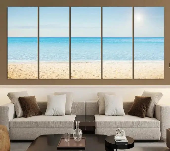 The Blue Beach and Sea Wall Art Canvas Print, arranged in a three-panel beach scene, elegantly decorates a black wall. Transform your space into a coastal oasis with this stunning piece, and enjoy free shipping on your purchase.