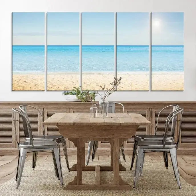 The Blue Beach and Sea Wall Art Canvas Print, arranged in a three-panel beach scene, elegantly decorates a black wall. Transform your space into a coastal oasis with this stunning piece, and enjoy free shipping on your purchase.